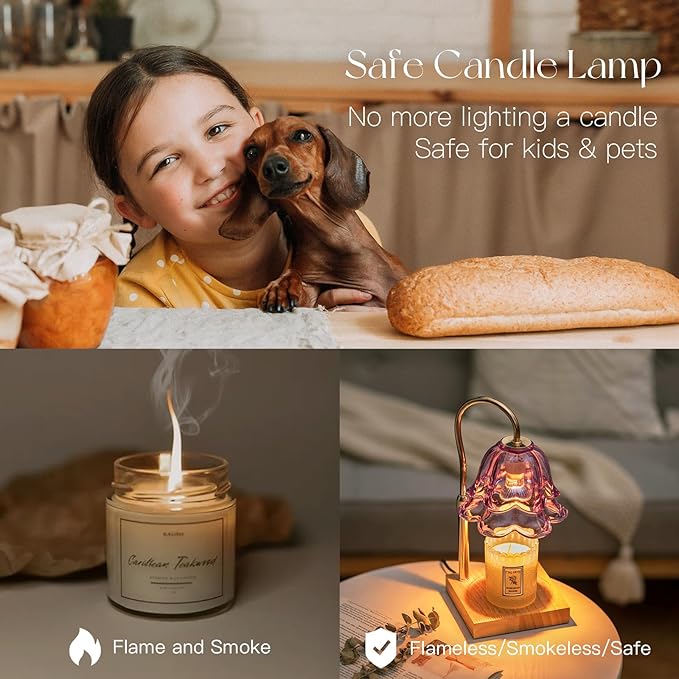 Candle Warmer Lamp with Timer: Purple Flower Candle Warming Lamp with 2 Bulbs Height Adjustable Wax Warmer Dimmable Bedroom Decor Mothers Day Gift for Women