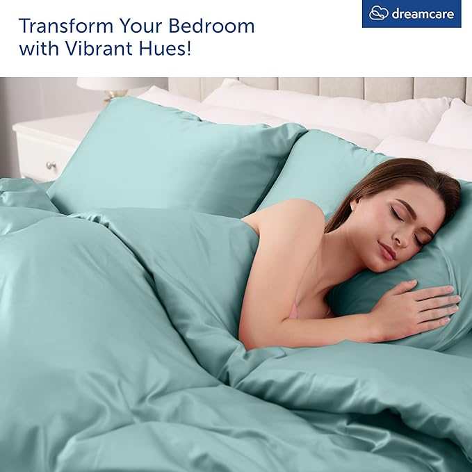 DREAMCARE Queen Sheet Set – 4 pcs Cooling Sheets – up to 21” Extra Deep Pocket Queen Sheets – Hotel Luxury Sheets & Pillowcases – Superior Softness 100% Microfiber with Side Pocket - Spa Blue