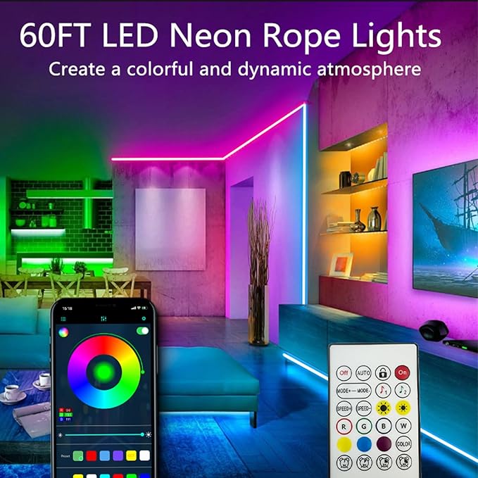 60FT Neon Rope Lights,Flexible Led Rope Light Control with App/Remote,Multiple Modes,Music Sync,IP65 Outdoor RGB Led Strip Lights Waterproof