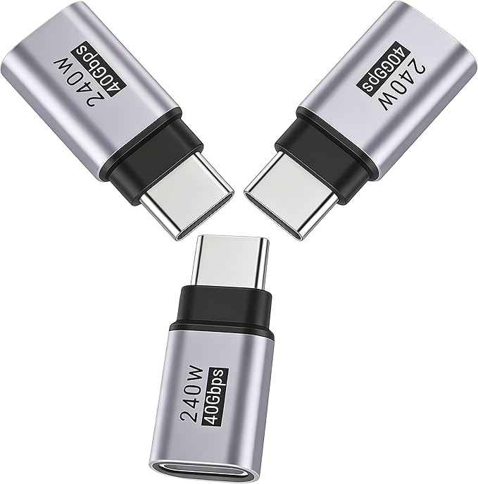 USB C Extender Adapter Straight (3 Pack) 40Gbps 240W Cable Extension Type-C Low Profile Male to Female Thunderbolt QC & Data Transfer for USB-C Devices（Silver Gray）