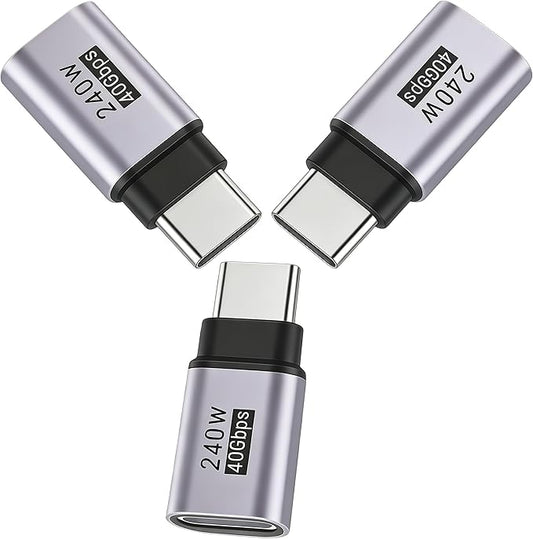 USB C Extender Adapter Straight (3 Pack) 40Gbps 240W Cable Extension Type-C Low Profile Male to Female Thunderbolt QC & Data Transfer for USB-C Devices（Silver Gray）