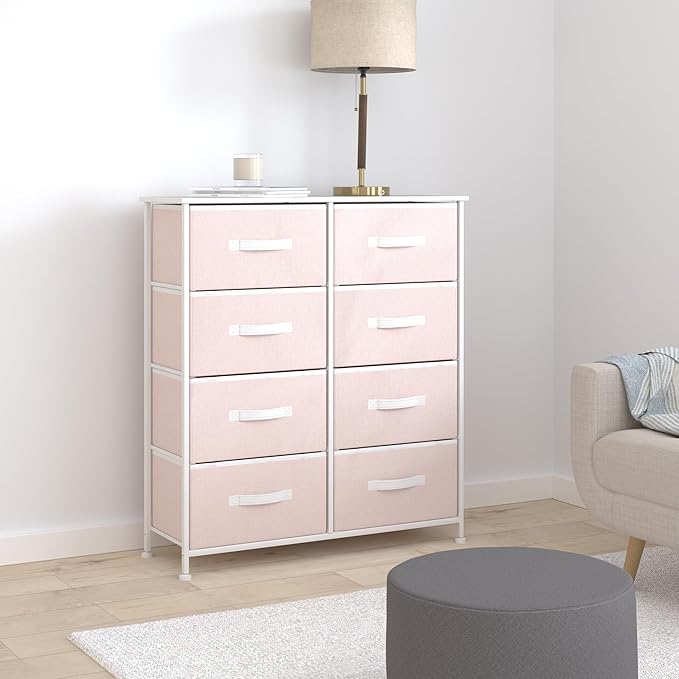 mDesign 38.31" High Steel Frame/Wood Top Storage Dresser Furniture, 8 Fabric Drawers, Large Bureau Organizer for Baby, Kid, Teen Bedroom, Nursery, Playroom, Dorm, Jane Collection, Pink/White