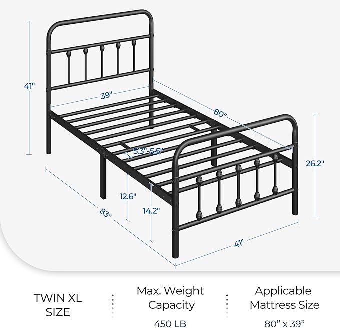Yaheetech Classic Metal Platform Bed Frame Mattress Foundation with Victorian Style Iron-Art Headboard/Footboard/Under Bed Storage/No Box Spring Needed/Twin XL Size Black