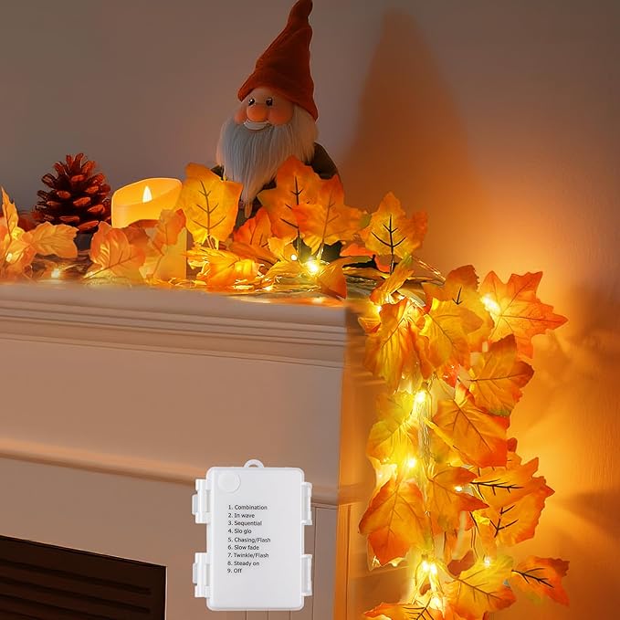 Luditek 8 Lighting Modes & Timer Fall Decorations for Home Maple Leaf Garland with Lights 40LED Battery Operated Waterproof String Lights, Thanksgiving Halloween Fall Decor Indoor Outdoor Autumn