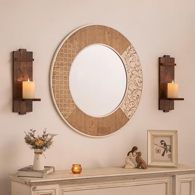 Rustic Candle Holder Farmhouse Wall Decor - Brown Candle Sconces Set of Two Wooden Vintage Hanging Wall Decoration for Fireplace Mantel Living Room Bedroom Dining Room