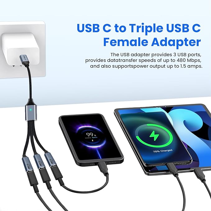USB C Splitter 3 Port with USB Adapter for Data Transfer, USB-C Splitter for Charging, Male to Multi Type-C Female Cable Compatible with Smartphone, PC, Flash Drive, Keyboard, Printer