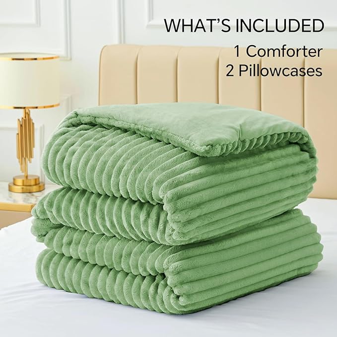 BEDELITE Fleece King Comforter Set -Super Soft & Warm Fluffy Green Bedding, Luxury Fuzzy Heavy Bed Set for Winter with 2 Pillow Cases