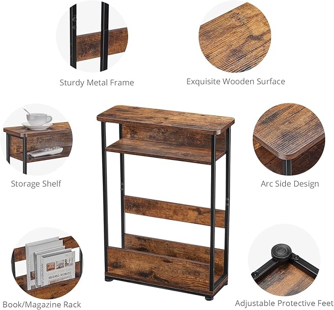Vintage Narrow Side Table with Storage Shelf, 3 Tier Slim End Table Modern Sofa Table for Narrow and Small Spaces, 24.6 Inch Height Bedside Table Small Nightstand with Magazine Rack/Brown