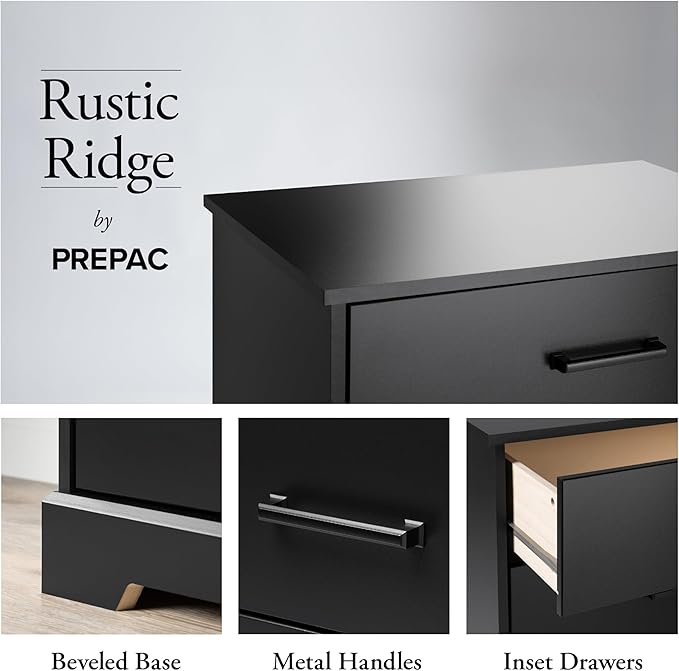 Prepac Rustic Ridge Farmhouse Nightstand Bedside Table, Black Nightstand for Bedroom, End Table with 3 Drawers 16.25"D x 27.5"W x 26.75"H