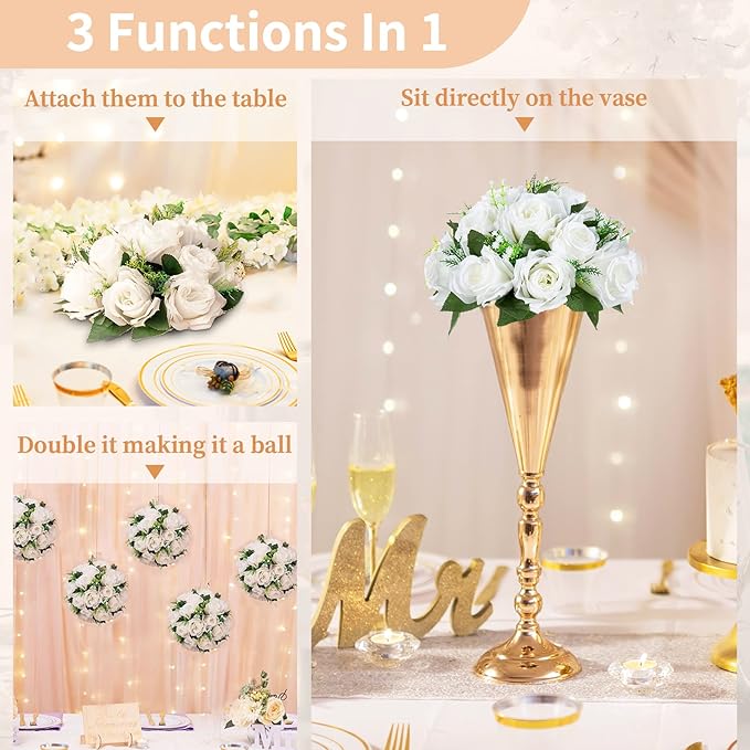NUPTIO 10 Pieces White Fake Flower Ball Arrangement Bouquet 15 Heads Plastic Roses with Base, Suitable for Wedding Centerpiece Flower Rack for Parties Home Décor