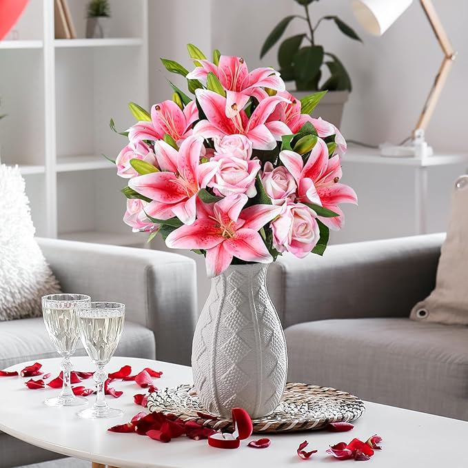 Hotop 20 Pcs Artificial Flowers Velvet Realistic Roses and Latex Lilies Flowers Bouquet Decorations Arrangements for Home Table Centerpieces Independence Day(Pink)