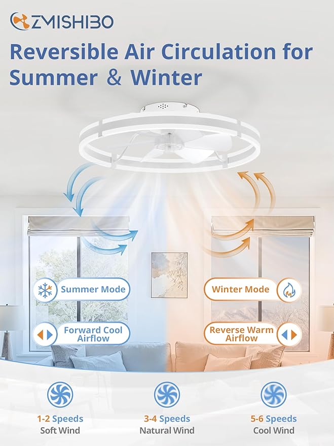 ZMISHIBO 24 Inch Ceiling Fans with Lights and Remote, Modern Low Profile Ceiling Fan, 3000-6000K Dimmable Flush Mount LED Fan Light, 6 Wind Speeds, Fandelier Ceiling Fans for Bedroom- White
