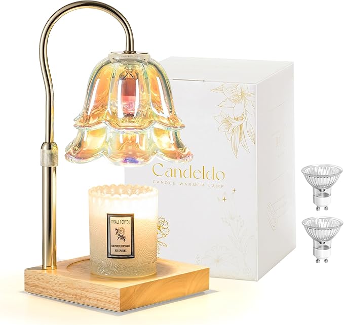 Candle Warmer Lamp with Timer: Iridescent Flower Candle Warming Lamp with 2 Bulbs Height Adjustable Wax Warmer Dimmable Home Decor Mom Birthday Gift for Women