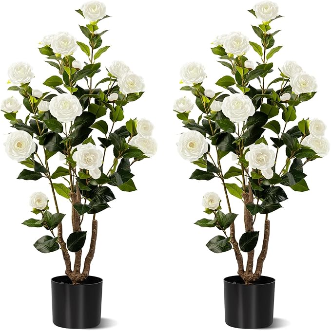 Artificial Camellia Tree 2 Pack, Artificial Plants Outdoor Faux Floral Plant in Cement Pot Fake White Silk Camellia Tree Plants for Home House Living Room Office Decor (White)