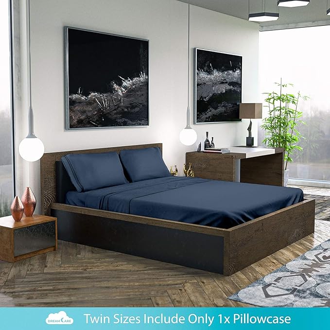 DREAMCARE Twin Sheets - Cooling Bed Sheets - 4pcs Set - up to 15" Deep Pocket Twin Bed Sheets - Twin Sheet Set - Twin Soft & Lasting 100% Fine Brushed Polyester with Side Pocket - N.Blue