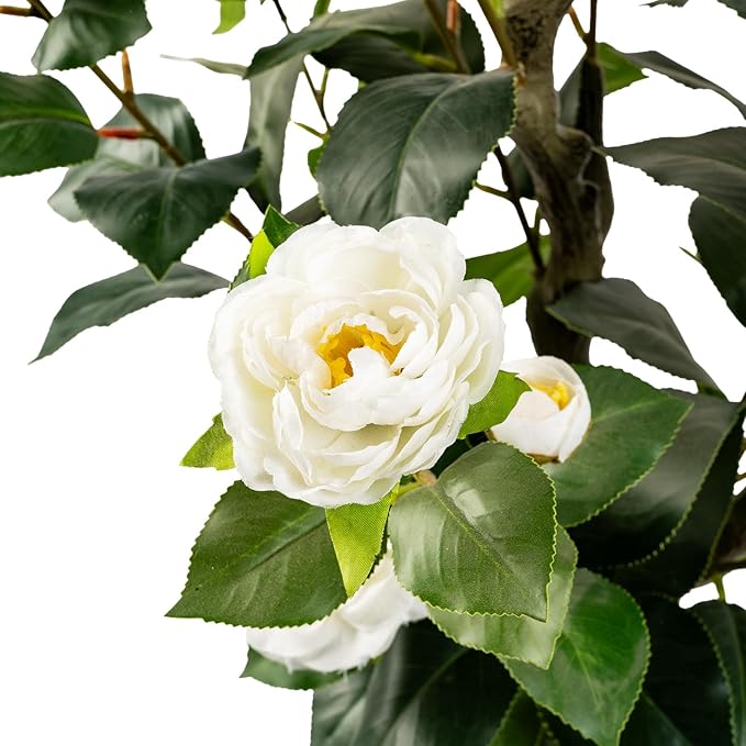 Artificial Camellia Tree 2 Pack, Artificial Plants Outdoor Faux Floral Plant in Cement Pot Fake Silk Camellia Tree Plants for Home House Living Room Office Decor