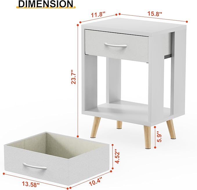 GYIIYUO Nightstands Set of 2 with Fabric Storage Drawer and Open Wood Shelf, Side Table with Storage for Bedroom, Night Stand with Drawer for Bedroom, Bedside Tables - White 24" H