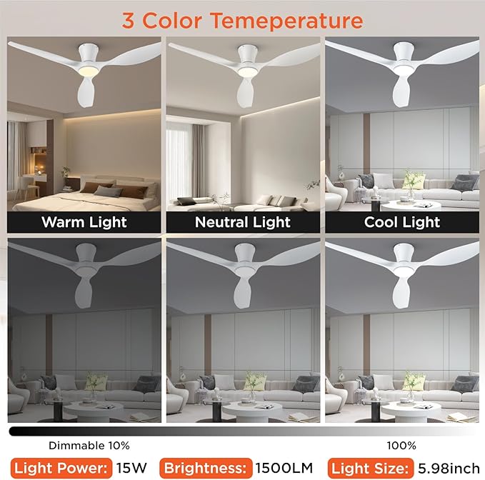 TALOYA 52 inch Smart Ceiling Fan,Low Profile Ceiling Fan with Light and Remote/App Control,Flush Mount, Quiet Reversible Motor for Living Room Bedroom Patio White