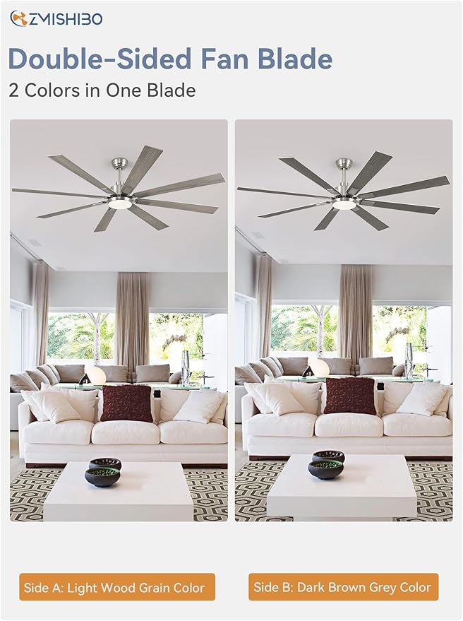 ZMISHIBO 72 inch Brushed Nickel Modern Ceiling Fans with Lights and Remote, Indoor/Outdoor Ceiling Fan for Living Room Patio, 6 Speed Reversible Quiet DC Motor, 3 CCT, Dual Finish Blades