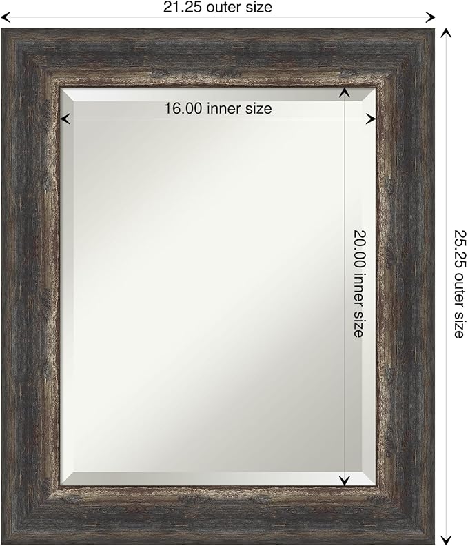 Amanti Art Brown Bathroom Mirror for Over Sink, 25x21 Bark Rustic Char Rectangle Vanity Mirror, Small Country Rustic Frame, Hangs Horizonally and Vertically, Bathroom Wall Decor, Beveled Edge