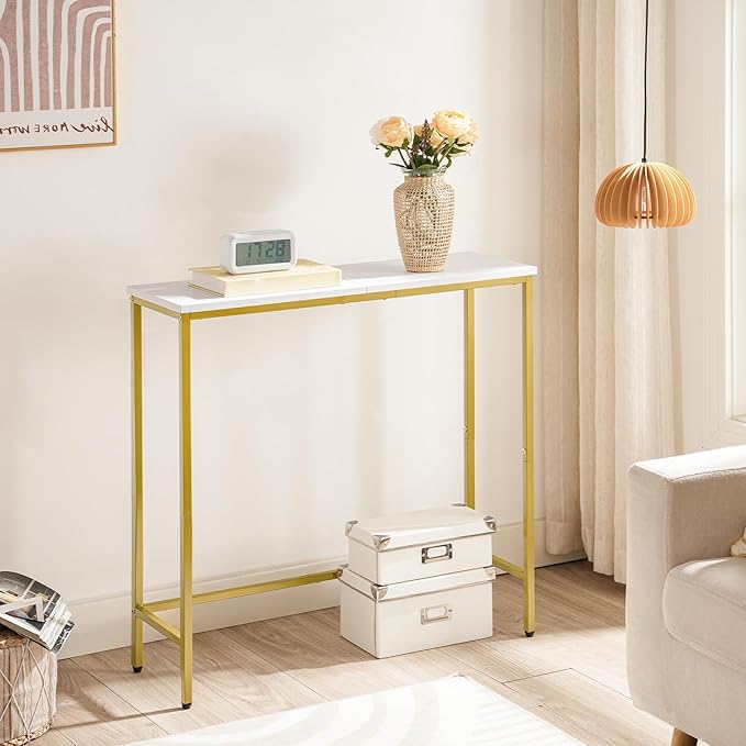 HOOBRO Narrow Console Table, 29.5" Small Entryway Table, Thin Sofa Table, Side Table, Display Table, for Hallway, Bedroom, Living Room, Foyer, White and Gold DW75XG01