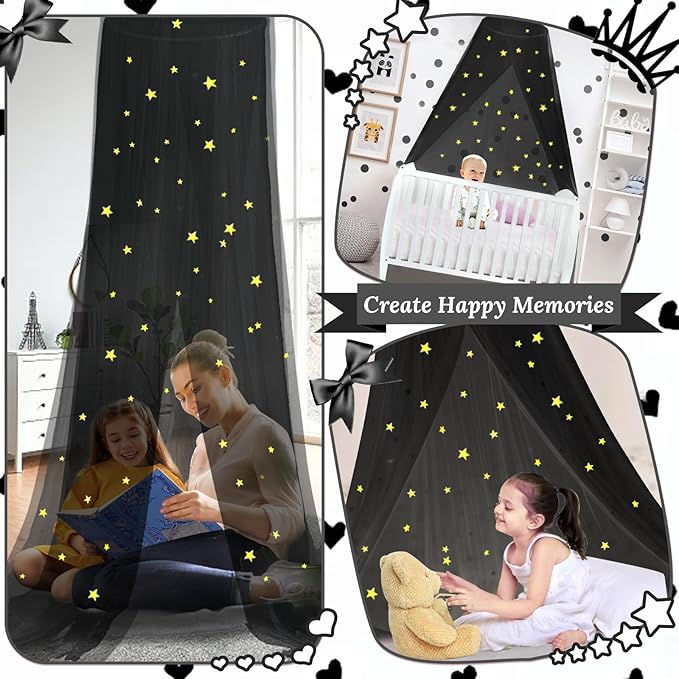 South to East Bed Canopy with Glowing Stars in The Dark, Black Bed Curtains for Kids & Toddler Beds, Twin, Full & Queen, Mosquito Net Canopy for Adult Bedrooms, Easy to Install
