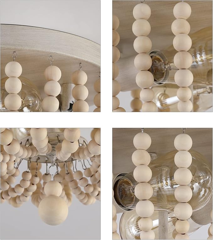 Q&S Boho Chandelier Wood Beaded Flush Mount Ceiling Light Fixtures for Nursery Baby Bedroom Kitchen Hallway,Oak White Finish,2-Lights