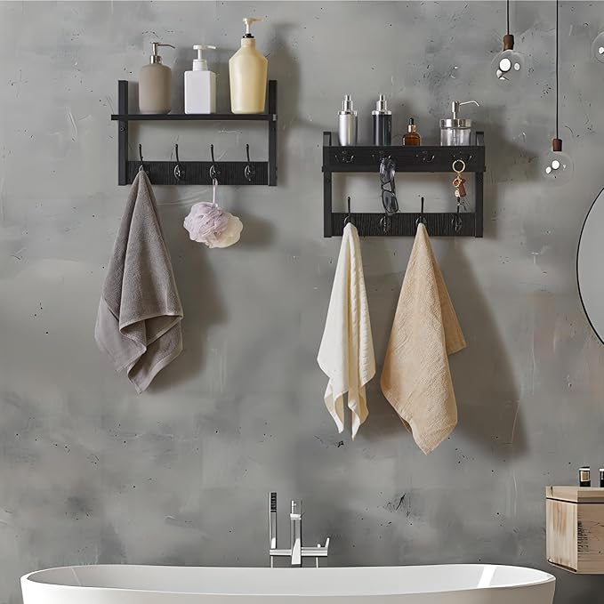 YMYNY 31.5" Coat Rack Wall Mount with Shelf, 4 in 1 Key and Coat Hanger with 12 Metal Hooks, Wall Shelf with Hooks & Mail Holder for Living Room, Bedroom, Black, HWS007B-2