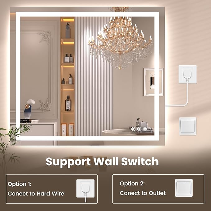 40"X36" LED Bathroom Mirror with Front Lights and Backlit, Anti-Fog, Dimmable, Shatter-Proof Tempered Glass, Lighted Bathroom Vanity Mirror for Wall with 3 Colors, Memory Function