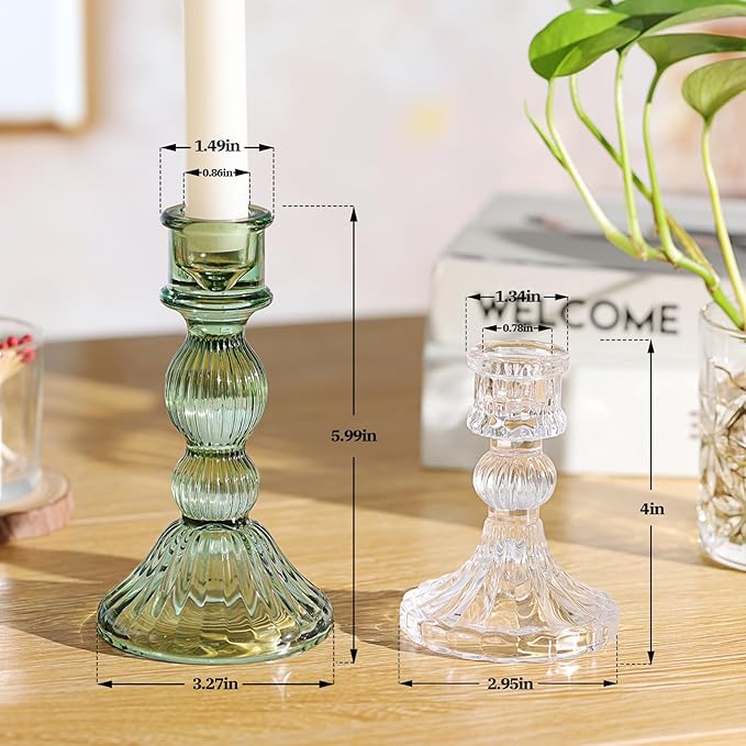 DARJEN Green Candlestick Holders Set of 4 - Vertical Stripe Glass Candle Holders for Candlesticks and Taper Candles, Taper Candle Holder for Wedding, Home, Decor & Table Centerpieces