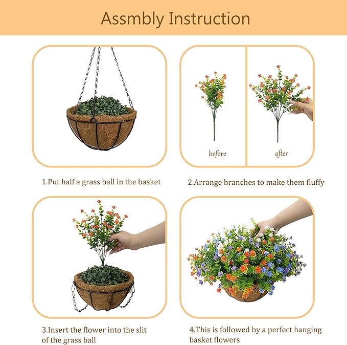 Artificial Hanging Flowers Basket for Outdoor, 16 Fake Flowers Look Real UV Resistant, Faux Hanging Plants for Porch, Balcony, Patio, Garden, Spring Summer Decor,MixA