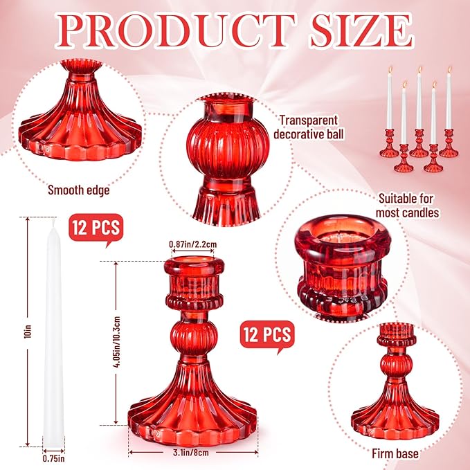 Suclain 24 Pcs Glass Taper Candle Holder Sets 12 Candlestick Holder with 12 White Long Candles for Wedding Party Decor Dinner Decoration(Red)