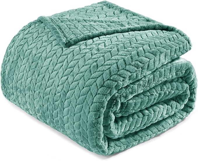 Exclusivo Mezcla Fleece Twin Size Blanket for Bed, 90x66 Inches Soft Cozy Jacquard Flannel Blankets, Lightweight Fuzzy Plush Warm for Winter, Celadon