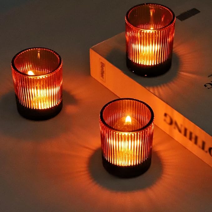 VOHO Amber Candle Holders for Votive Candles/Tea Lights Candles, Ribbed Votive Candle Holders for Table Centerpiece, 12pcs Tealight Candle Holder Decor for Thanksgiving & Christmas