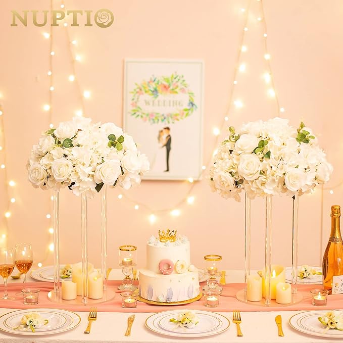NUPTIO Flower Ball Arrangement Bouquet - 10 Pcs 15.7 inch Diameter White Fake Flowers Roses Balls for Centerpieces Tables - Artificial Rose Arrangements for Wedding Centerpiece Table Decorations