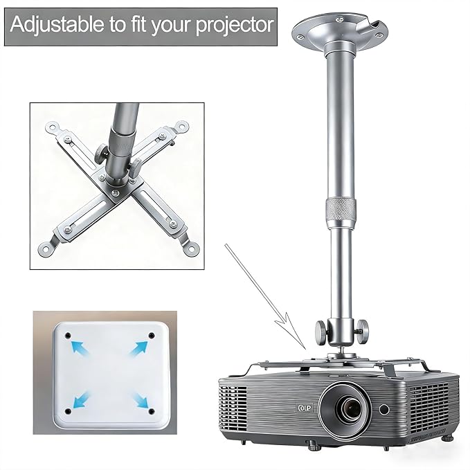 Projector Ceiling Mount with New Gimbal, Adjustable Length Projector Mount, ¼-Inch Screw, Compatible with Most Projectors, Ceiling/Wall Use with Adjustable Angle (Dark) (Silver)