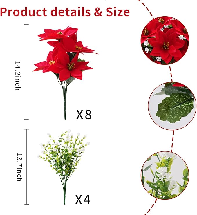 Artificial Flowers for Outdoors Red Christmas Poinsettia Flowers 12 Bundles Mixed Fake Plants UV Resistant Faux Flowers for Outdoor Planters Garden Porch Patio Home Winter Decor