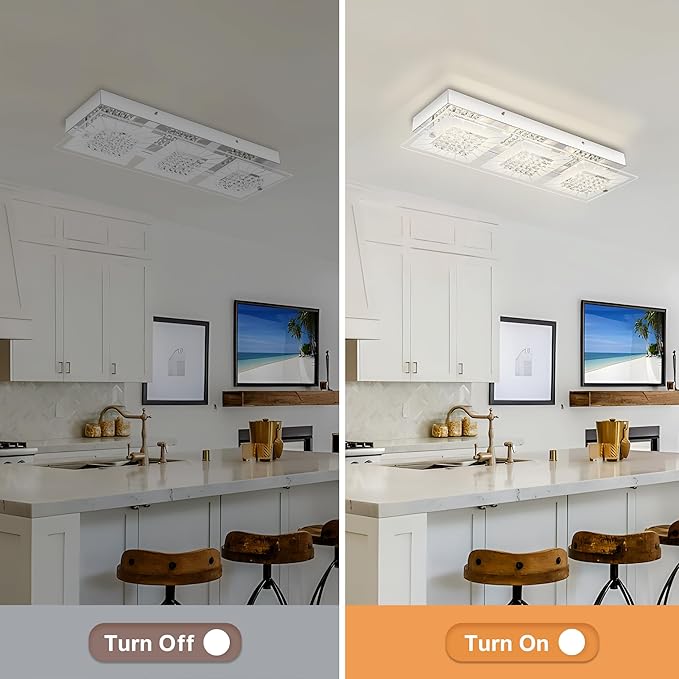 Crystal Flush Mount Ceiling Light Long Kitchen Lighting Fixtures Ceiling Rectangular Crystal Ceiling Light Fixture for Entryway, Foyer, Hallway, Bathroom, Brush Nickle 18 Inch, 18W Dimmable