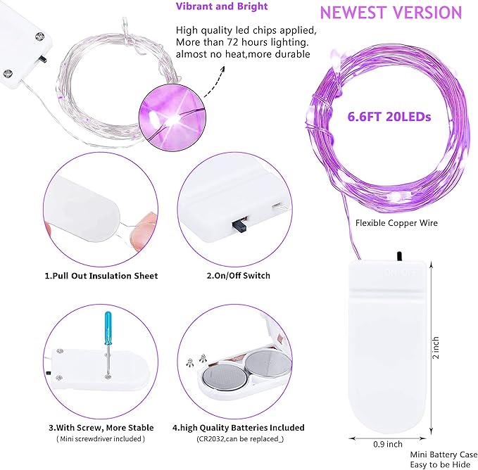 SmilingTown 15 Packs 20 Led Purple Fairy Lights Battery Operated 6.6ft Silver String Lights Waterproof Firefly Starry Light for DIY Table Centerpieces Wedding Halloween Christmas Party Decor