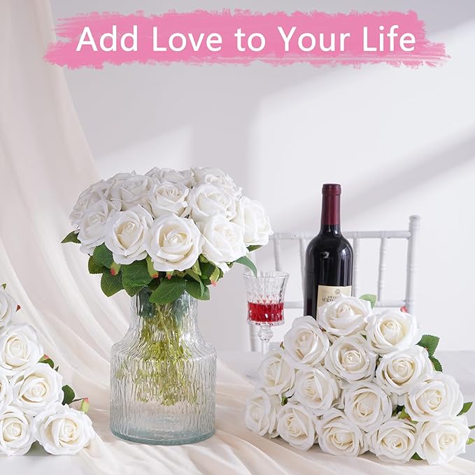 BLEUM CADE 100 Pcs White Roses Artificial Flowers, Real Touch Velvet Roses Fake Flowers Bulk, Artificial Roses Bouquet with Long Stems Bridal DIY Wedding Party Centerpiece Decorations