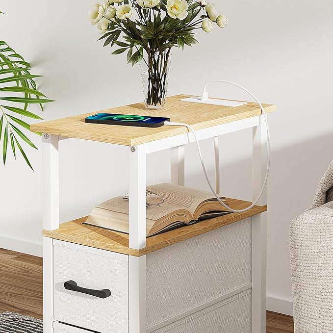 Narrow Side Table for Small Spaces, Skinny End Table with Charging Station, Sofa Beside Table with 2 Fabric Drawers and 1 Open Compartment, Slim Nightstand with USB Ports Outlet, White and Nature Wood