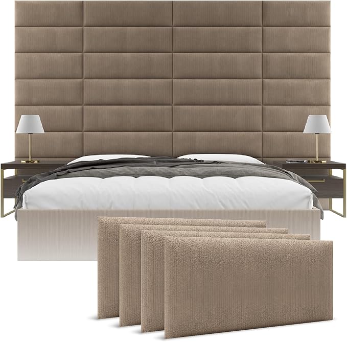 Vänt Upholstered Wall Panels - Queen/Full Size Wall Mounted Headboards - Ribbed Taupe - Set of 4 Panels (Each Individual Panel 30"x11.5")