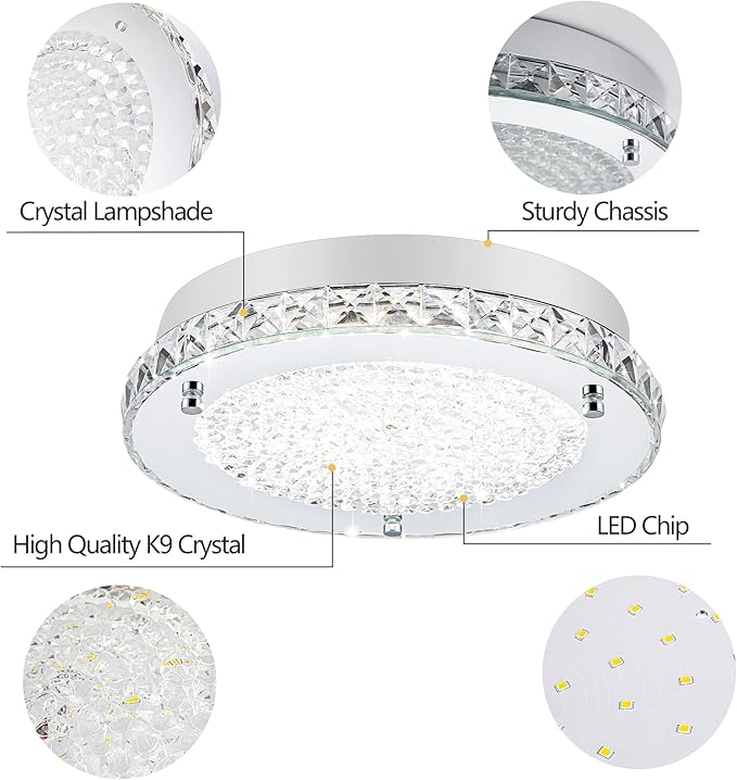 Crystal Flush Mount Ceiling Light Fixture 13.8" Hallway Lighting Fixtures Ceiling Crystal Ceiling Light Fixture Chrome for Kitchen, Bathroom, Bedroom, Closet