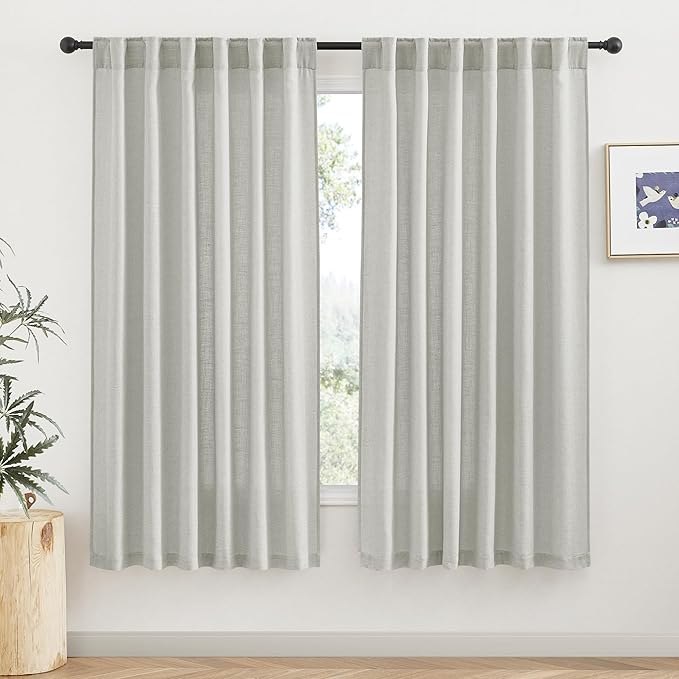 RYB HOME Grey Curtains Linen Blend Drapes, Semi Sheer Light Filtering Privacy UV Protection Back Tab Draperies for Living Room, Closet, French Door, Bay Window, Wide 52 by Long 63 inch, 2 Panels