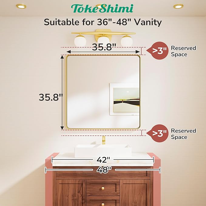 TokeShimi 36x36 Brushed Gold Bathroom Mirror,Bathroom Vanity Mirror Square,Tempered Glass,Gold Framed Bath Mirror Wall(Horizontal/Vertical)