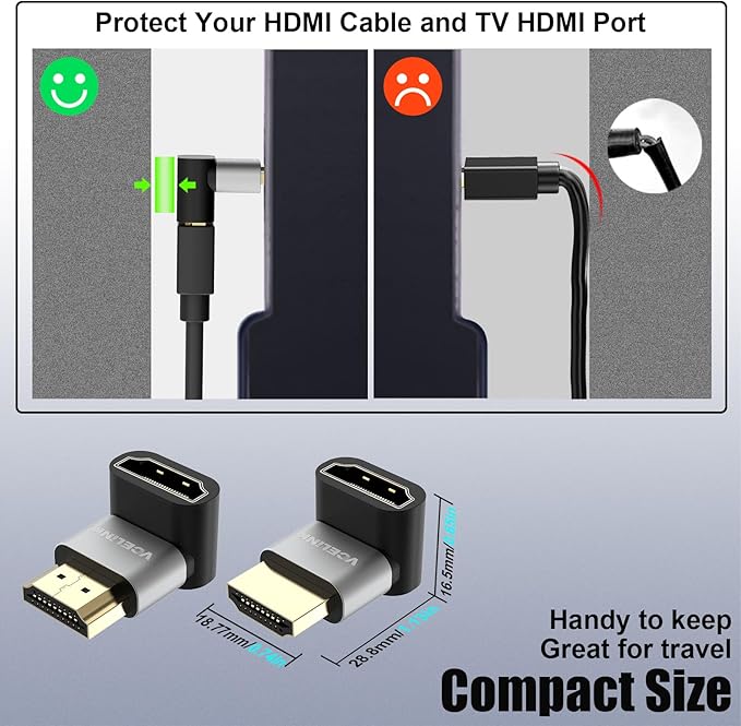 VCELINK 8K@60Hz HDMI Right Angle Adapter, 90 & 270 Degree HDMI Male to Female, HDMI 2.1 Cable Adapter with 4K@120Hz, HDR, eARC for HDTV, Laptop, PS4, PS5, Xbox - 2-Pack