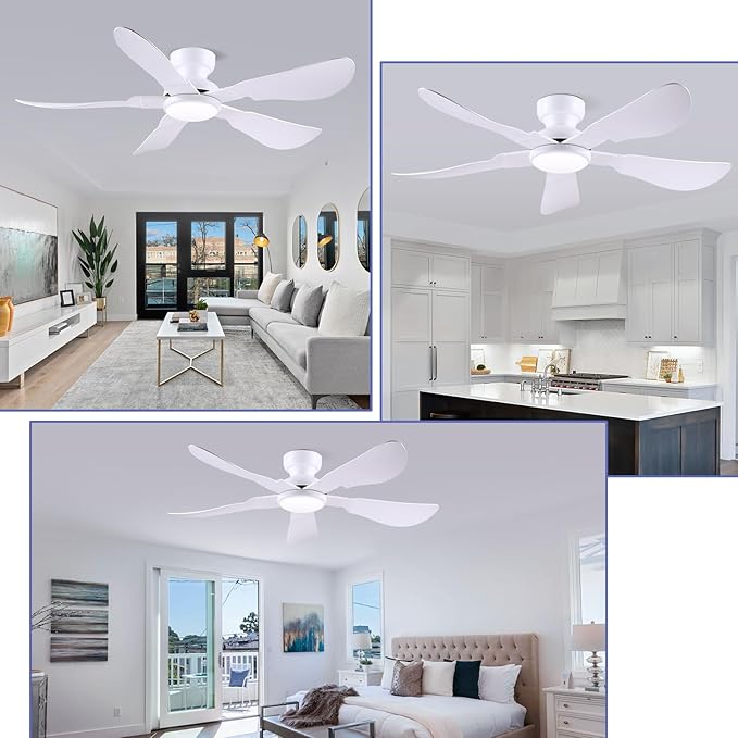 52 Inch Modern Ceiling Fans with Lights, Flush Mount Ceiling Fan with Light and Remote/APP Control, 5 Reversible 6 Speeds Curved Blades, 3 CCT Dimmable Lights for Bedroom, White
