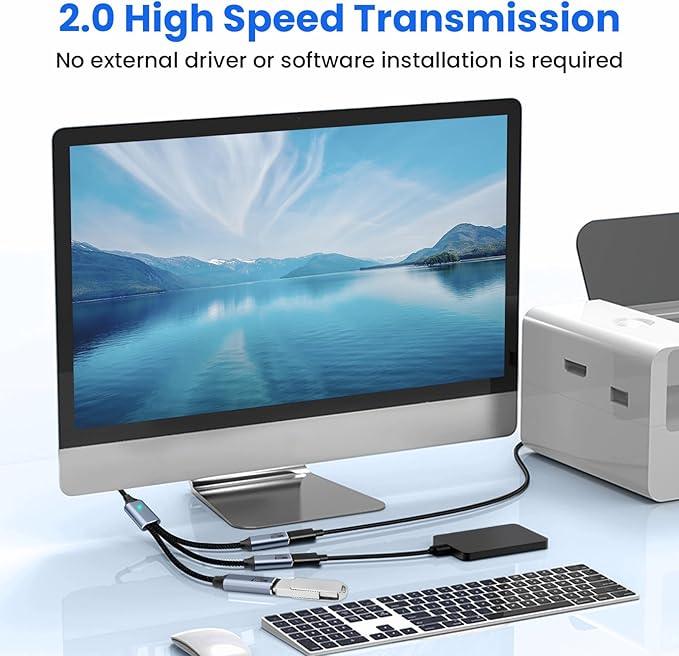 USB C Splitter 3 Port with USB Adapter for Data Transfer, USB-C Splitter for Charging, Male to Multi Type-C Female Cable Compatible with Smartphone, PC, Flash Drive, Keyboard, Printer