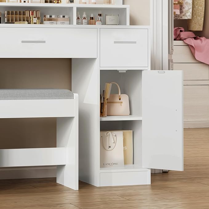 usikey 43.3” Vanity Desk with Large Mirror and Lights, Makeup Vanity with 3 Lighting Color Adjustable, Dressing Table Set with Storage Cabinet, Drawers and Chair for Girls Bedroom, White