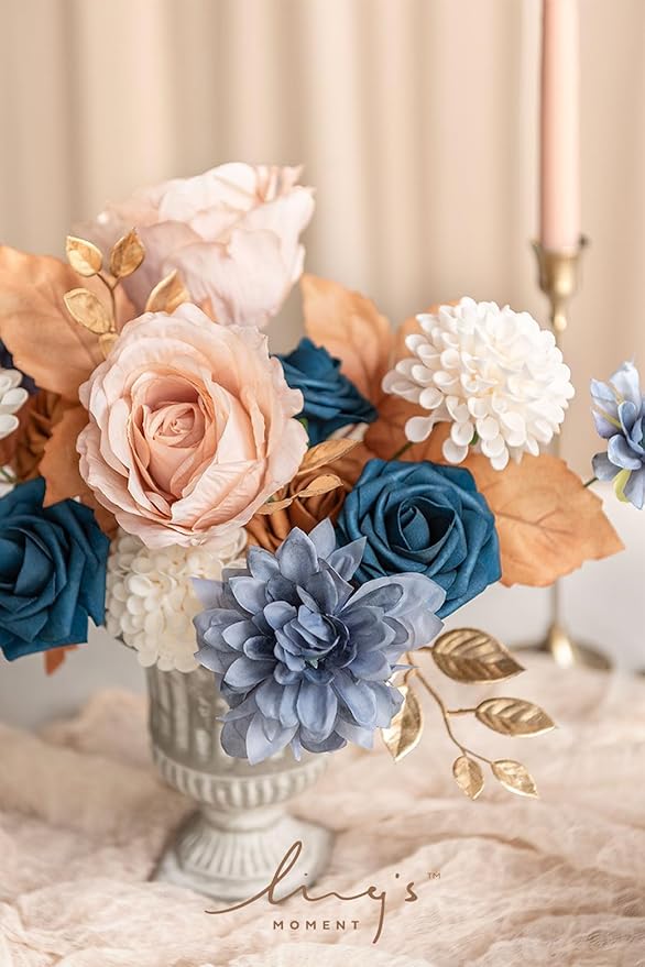 Ling's moment Artificial Flowers Fake Silk Dahlia Faux Foam Roses Combo for DIY Wedding Bouquets Centerpieces Arrangements Bridal Shower Party Home Decorations, Navy Blue & Burnt Orange, 24pcs